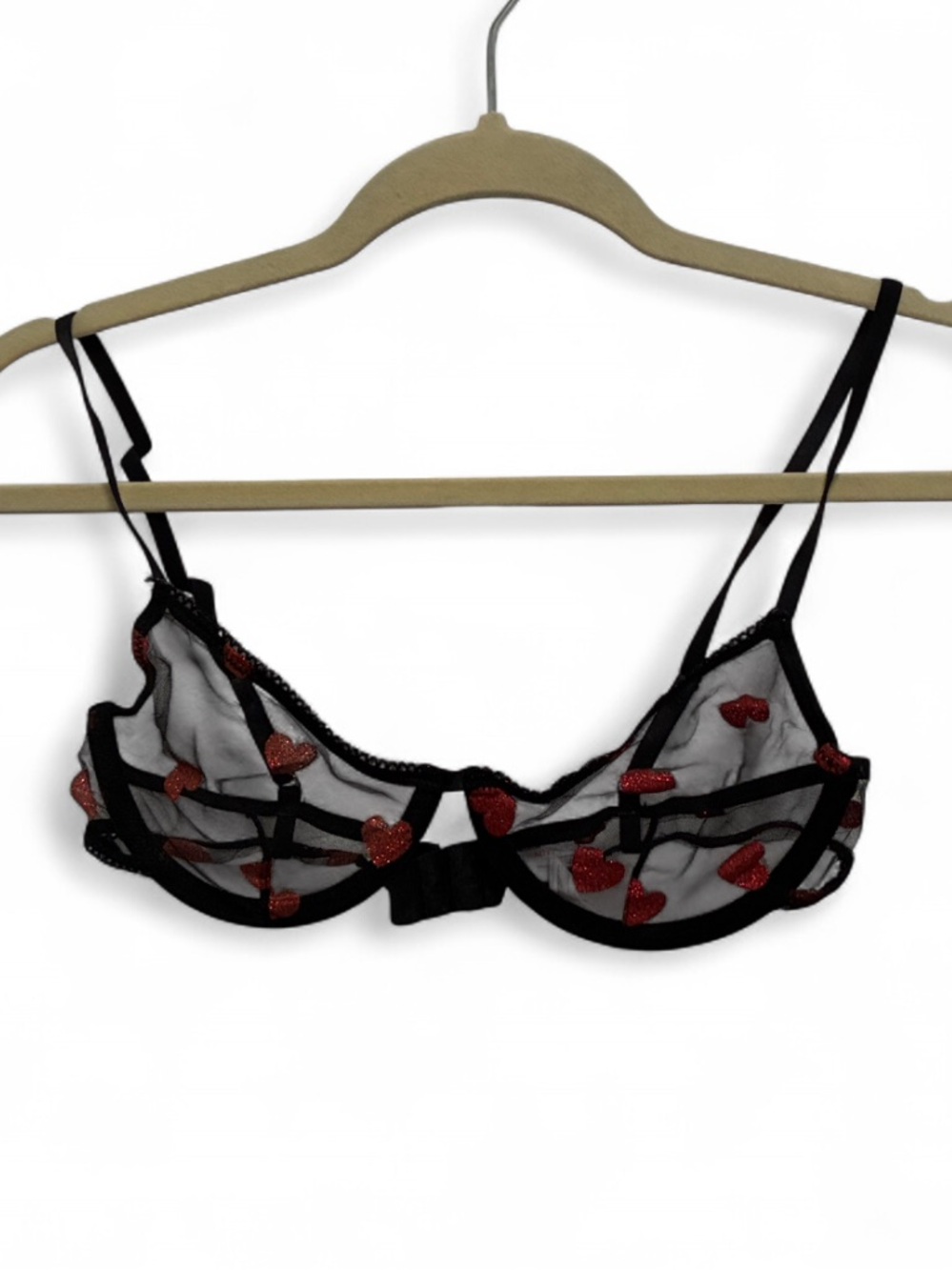 Out from Under Urban Outfitters Sheer Black Bra with Red Heart Embroidery